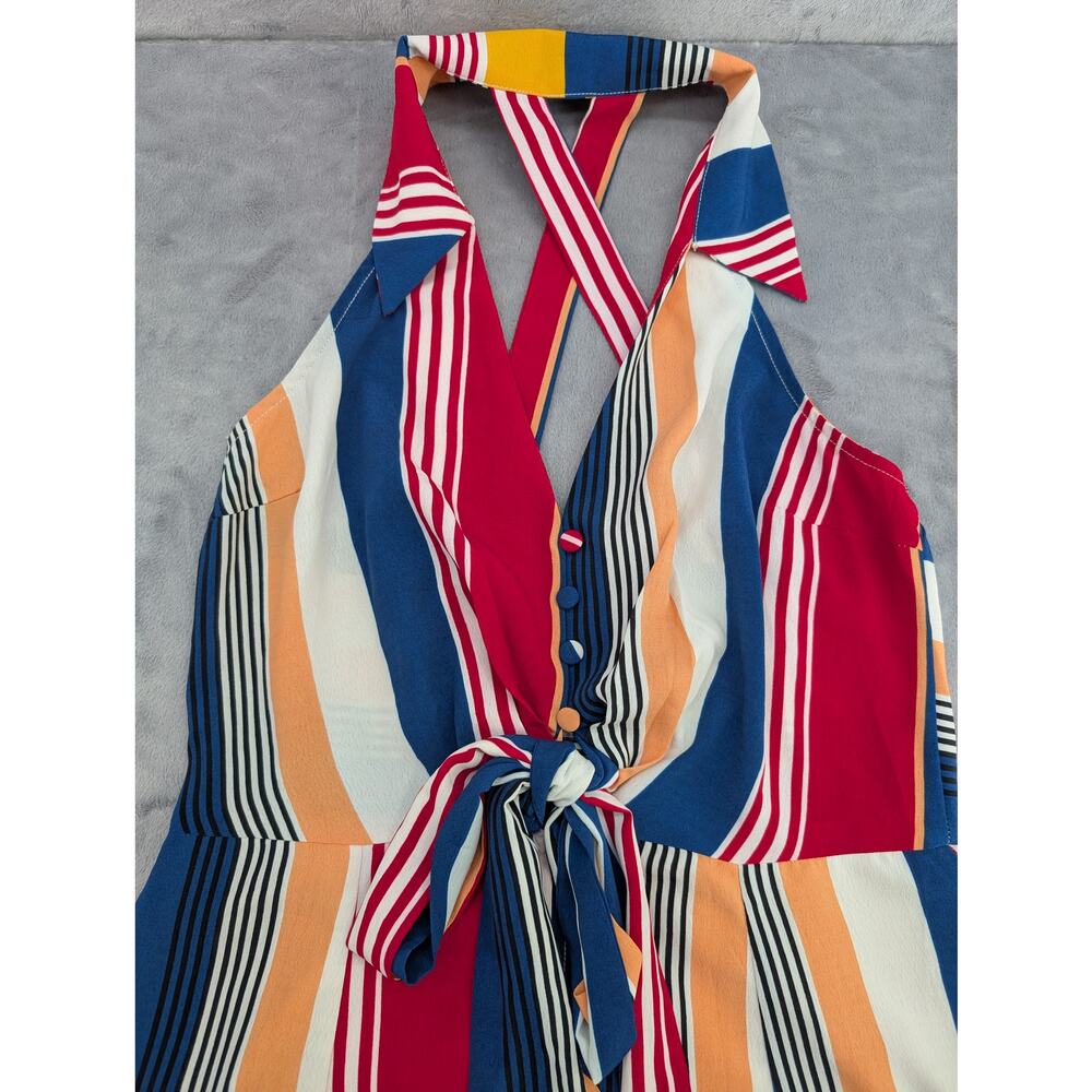 Retro funky Lulumari striped colorful collared button tie front small maxi dress